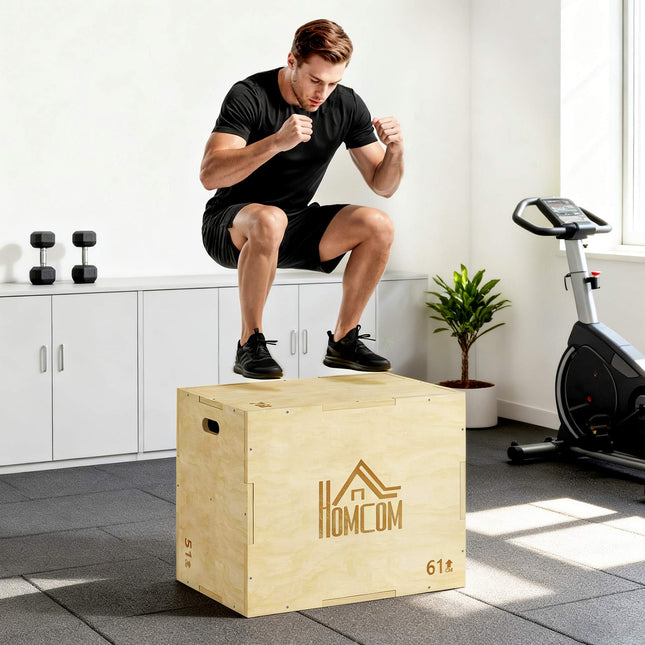 Plyo box 3v1, přírodní dřevo, 51/61/76 cm, nosnost 120 kg