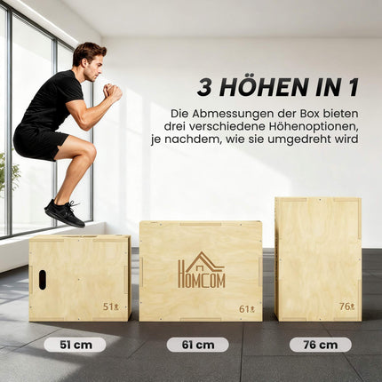 Plyo box 3v1, přírodní dřevo, 51/61/76 cm, nosnost 120 kg