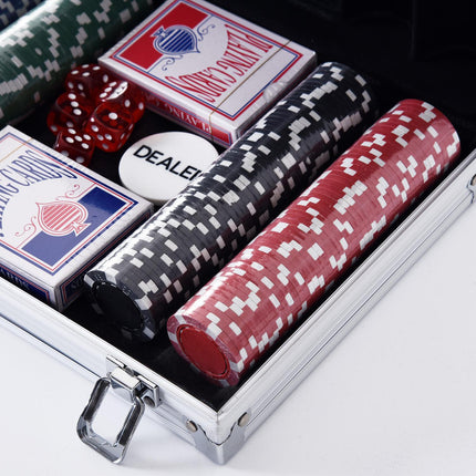 Pokerová sada s 200 žetony, kartami a kostkami v hliníkovém kufříku