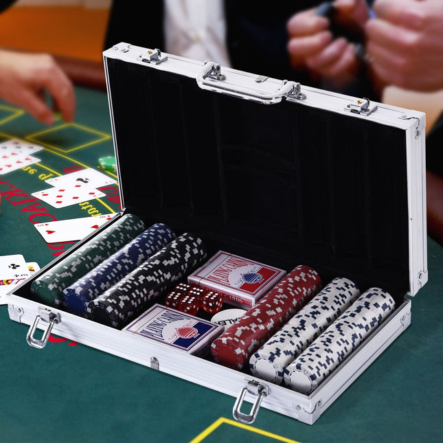 Sada pokerových žetonů - 300 žetonů, 2 balíčky karet, 5 kostek, hliníkový kufřík