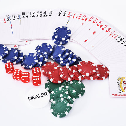 Sada pokerových žetonů - 300 žetonů, 2 balíčky karet, 5 kostek, hliníkový kufřík