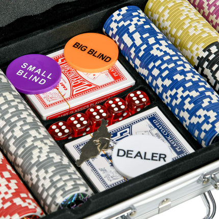 Profesionální pokerová sada – 500 žetonů, uzamykatelný kufřík, 2 balíčky karet, 5 kostek