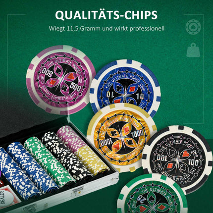 Profesionální pokerová sada – 500 žetonů, uzamykatelný kufřík, 2 balíčky karet, 5 kostek