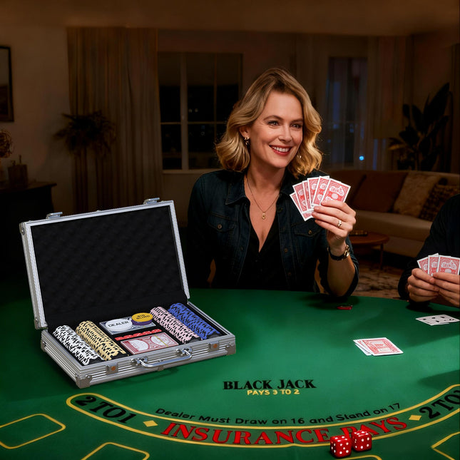 Sada pokerových žetonů s kufříkem, kostkami, dealer buttonem, 2 balíčky karet