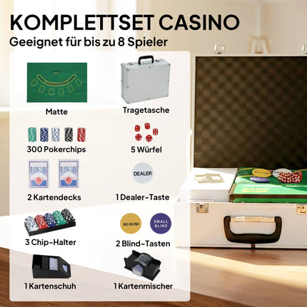 Pokerová sada s 300 žetony, 2 balíčky karet, kostky, kufřík pro 8 hráčů