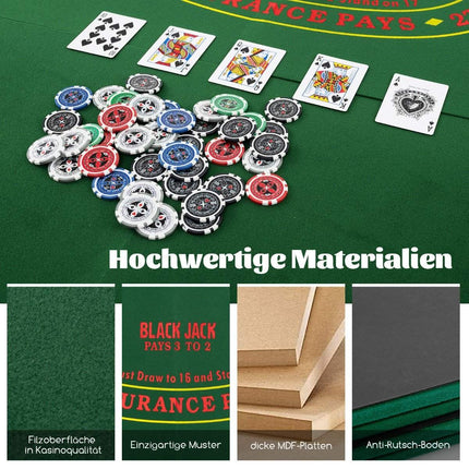 Pokerová podložka 120 x 120 cm Texas Holdem skládací potah pokerového stolu pro 8 hráčů s držáky na nápoje zelená