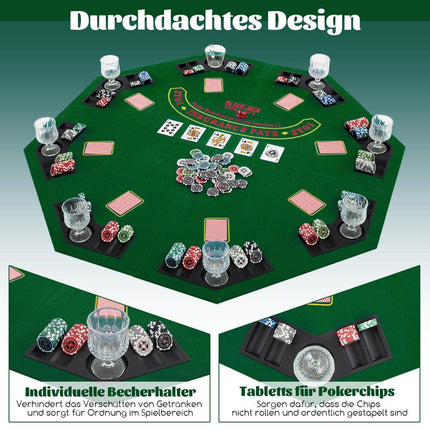 Pokerová podložka 120 x 120 cm Texas Holdem skládací potah pokerového stolu pro 8 hráčů s držáky na nápoje zelená