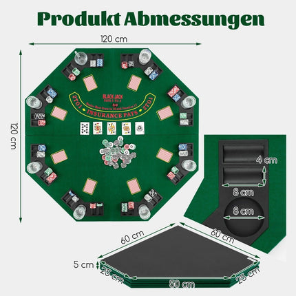 Pokerová podložka 120 x 120 cm Texas Holdem skládací potah pokerového stolu pro 8 hráčů s držáky na nápoje zelená
