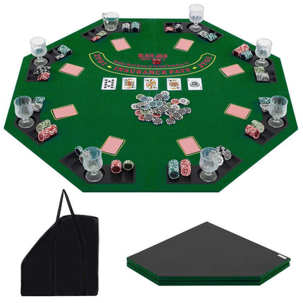 Pokerová podložka 120 x 120 cm Texas Holdem skládací potah pokerového stolu pro 8 hráčů s držáky na nápoje zelená
