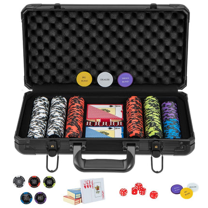 Pokerová sada s 300 laserovými žetony a hracími kartami a 5 kostkami a 3 dealer žetony a 2 klíči pokerový kufřík
