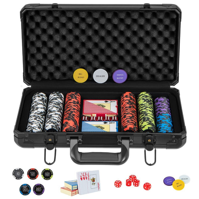 Pokerová sada s 300 laserovými žetony a hracími kartami a 5 kostkami a 3 dealer žetony a 2 klíči pokerový kufřík
