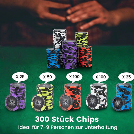 Pokerová sada s 300 laserovými žetony a hracími kartami a 5 kostkami a 3 dealer žetony a 2 klíči pokerový kufřík