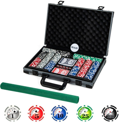 Pokerová sada se 400 laserovými žetony a 2 balíčky hracích karet a 5 kostkami a dealer buttonem hliníkový pokerový kufřík