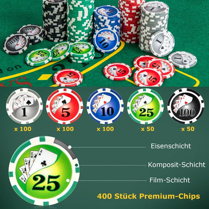 Pokerová sada se 400 laserovými žetony a 2 balíčky hracích karet a 5 kostkami a dealer buttonem hliníkový pokerový kufřík