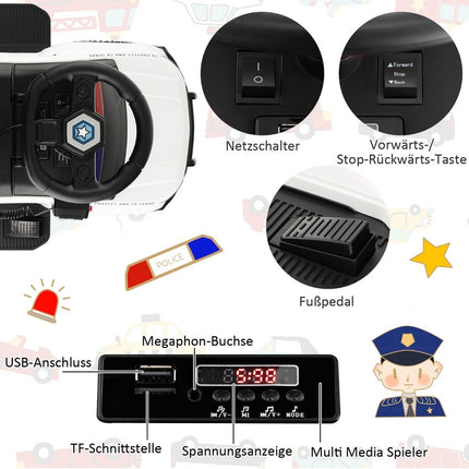Policejní elektrické auto pro děti 6V elektrické dětské auto s úložným prostorem bílé