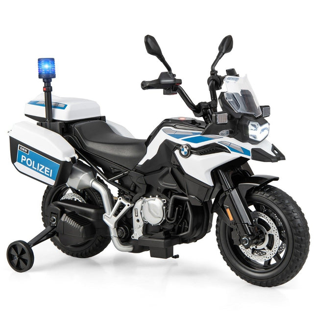 Policejní motorka pro děti, motorka na baterie se 2 přídavnými kolečky, 110 x 82.5 x 63 cm, bílá