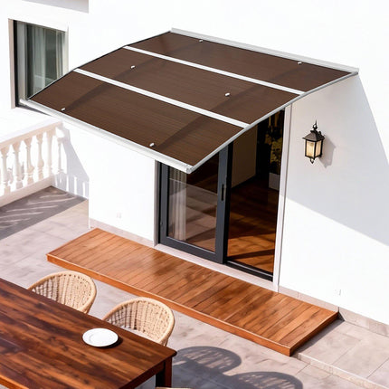 Polycarbonate Door Awning Canopy With Drainage, 39 x 59 in, Brown