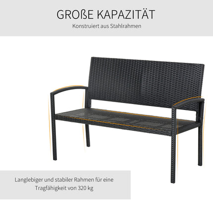 Ratanová zahradní lavice, dvoumístná, černá, 122 x 60 x 87 cm