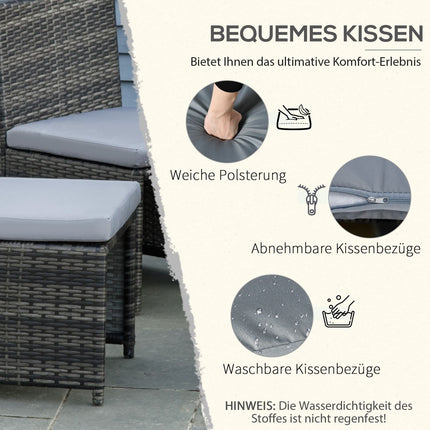Venkovní jídelní sestava z polyratanu pro 4, ocelový rám, šedá