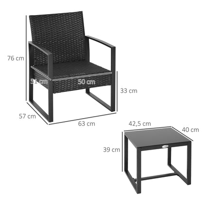Černý balkonový set z polyratanu s polstry pro 2 osoby