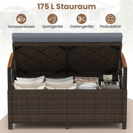 Polyrattan Outdoorbank mit Stauraum & Kissen, Grau