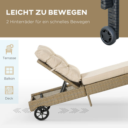 Adjustable sun lounger in poly rattan with cushion, Khaki