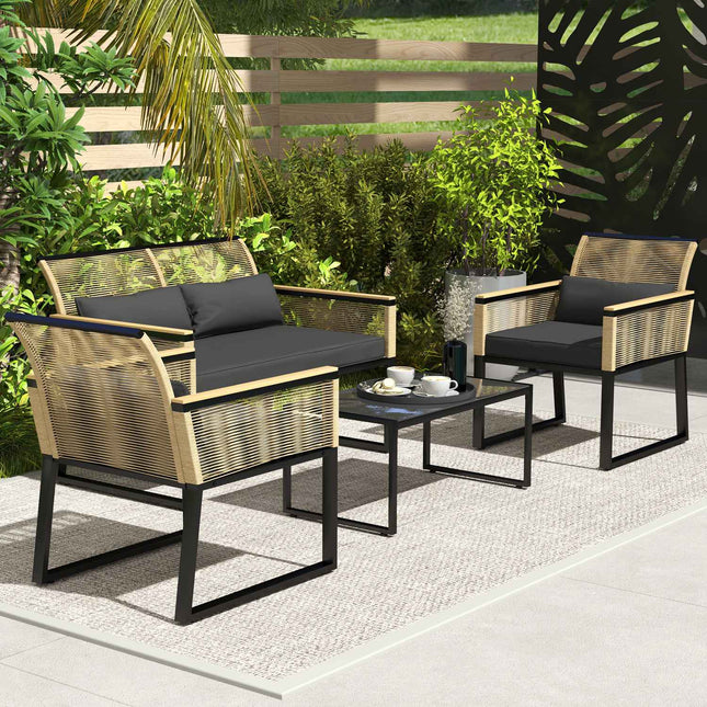 Polyrotan tuinmeubelset voor 4 personen, weerbestendige balkonmeubelset met 2 banken, 2 stoelen, glazen tafel zitkussens, buitenzitgroep, terrasmeubilair tuinset voor tuinbalkon, zwart Aosoom