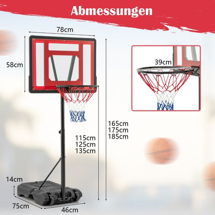 Bazénový basketbalový koš venkovní basketbalový stojan 115-135 cm výškově nastavitelný červený