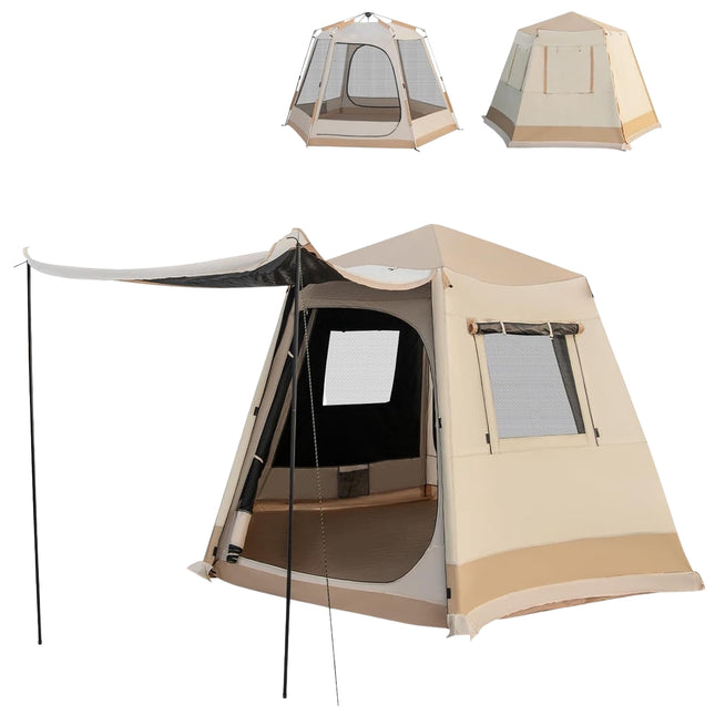 Pop-up kempingový stan, rozložení za 1 min, pro 4-6 osob, béžový
