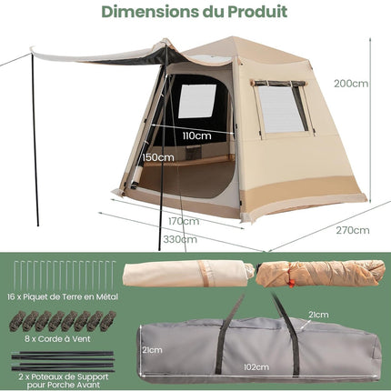 Pop-up kempingový stan, rozložení za 1 min, pro 4-6 osob, béžový