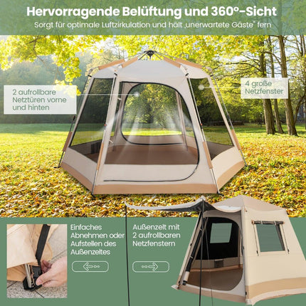 Pop-up kempingový stan, automatické rozložení, pro 4-6 osob, béžový
