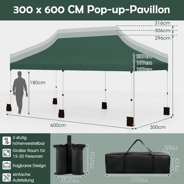 Pop-up luifeltent 300x600 cm, verstelbare hoogte, groen