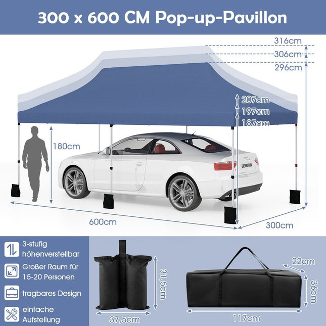 Pop-up luifeltent 300x600 cm, blauw, verstelbare hoogte