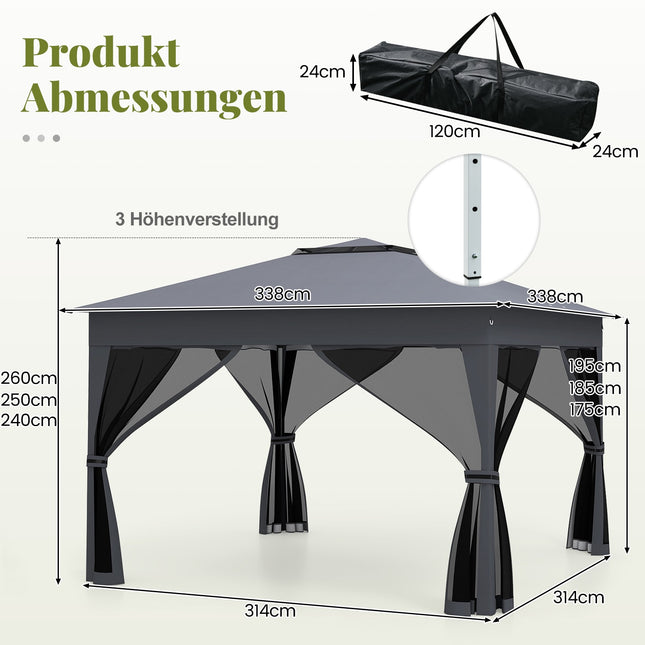 Opklapbare partytent met gaaswanden, 337x337 cm, grijs