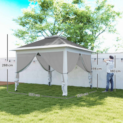 Pop-up zahradní pavilon, kovový rám, šedý, 330x330x288 cm