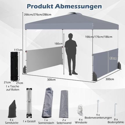Pop-Up Gazebo 3x3m with 2 Sidewalls, Bag, Grey
