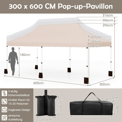 Pop-up pavilon 3x6m, nastavitelná výška, béžový, UV ochrana
