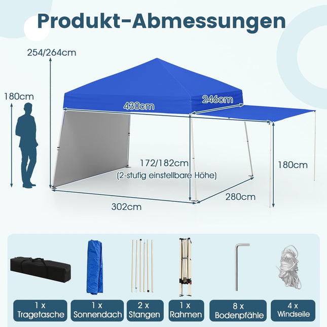 Pop-up paviljoentent met omvormbare luifel, 430x280cm