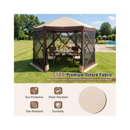 Pop-Up Pavilion for 4-6 People with 6 Mosquito Nets, Zippered Door, Brown