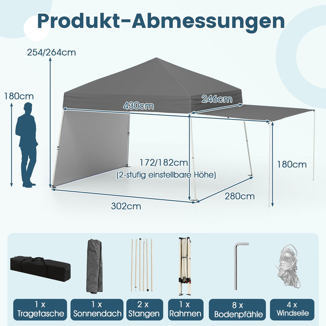 Pop-up paviljoentent, 430x280cm, omvormbare zijkanten, grijs