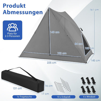 Pop-up stan pro 2-3 osoby 360° jednostranně průhledný rodinný stan 225 x 145 x 161 cm šedý