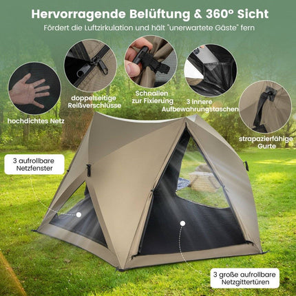 Pop-up stan pro 4-6 osob kempingový stan s přístřeškem voděodolný rodinný stan 285 x 250 x 147 cm olivově zelený
