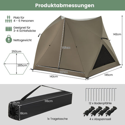 Pop-up stan pro 4-6 osob kempingový stan s přístřeškem voděodolný rodinný stan 285 x 250 x 147 cm olivově zelený