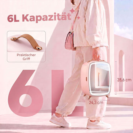 Portable 6L Pink Mini Fridge with LED Mirror for Cosmetics