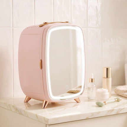 Portable 6L Pink Mini Fridge with LED Mirror for Cosmetics