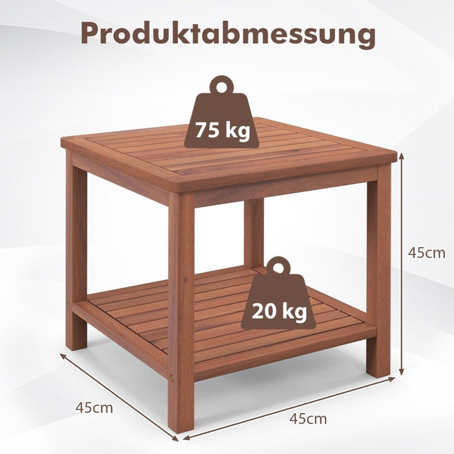 Tragbarer Beistelltisch aus Akazienholz, 2 Ablagen, 45x45x45 cm