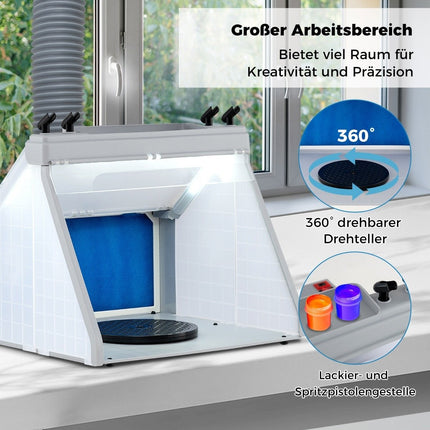 Přenosný airbrush stříkací box s LED světly a otočným talířem