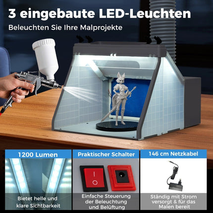 Přenosný airbrush stříkací box s LED světly a otočným talířem