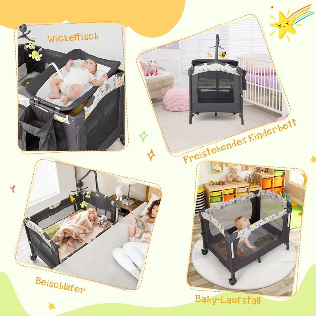 Tragbarer Babyspielplatz 3-in-1 umwandelbarer Laufstall mit Bett 107 x 72 x 80,5 cm Grau