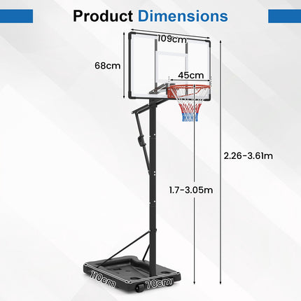 Přenosný basketbalový koš, nastavitelný 5.6-10 ft, deska 43 in